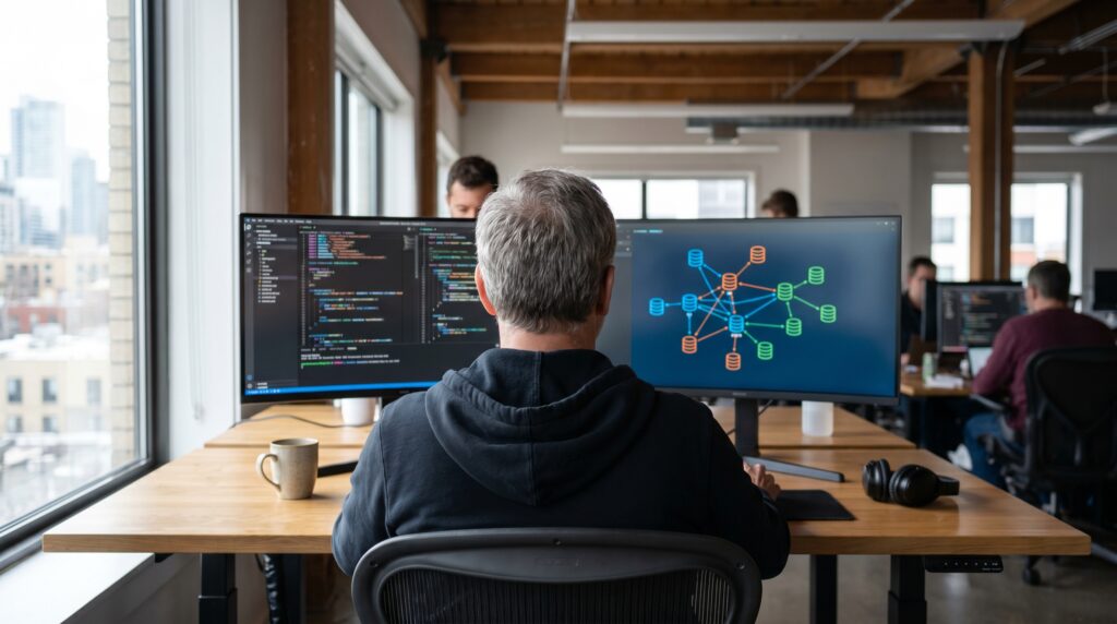 Back view of a man with salt-and-pepper hair sitting at a wooden desk. He is looking at two monitors: the left one shows a code editor (VS Code) and the right one displays a colorful network or database diagram. The background shows a bright, open-plan office space.