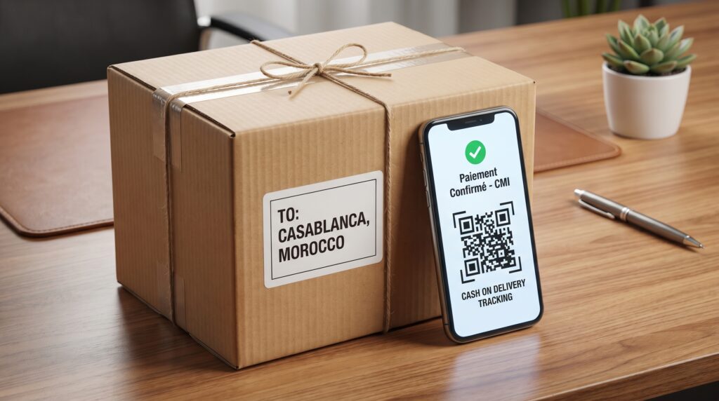 An e-commerce shipping package ready to be sent to Casablanca, placed next to a smartphone displaying a CMI online payment confirmation and a tracking QR code for Cash on Delivery (COD).