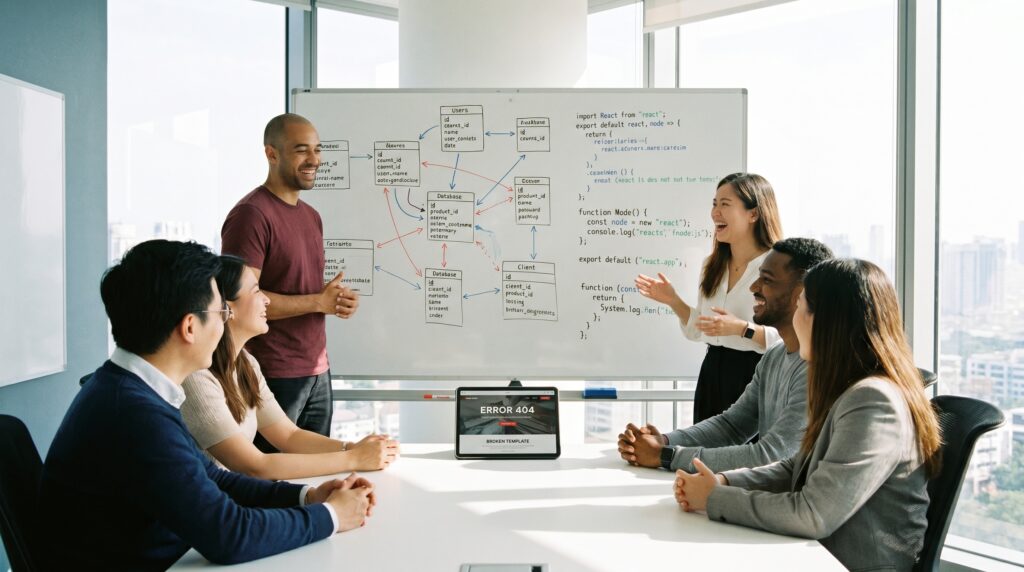 A team of expert developers from the web agency 4Tech Lab in Agadir collaborates around a whiteboard displaying a complex database architecture and clean code (Clean Code) to solve a 404 error, symbolizing the limitations of an unstable web template.