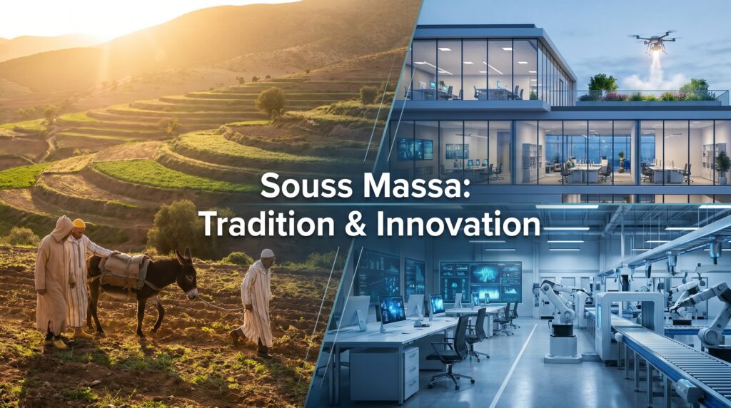 Image divided into two contrasting halves: on the left, a rural landscape with sunlit terraced fields, two people in traditional clothing walking with a donkey; on the right, a modern environment with a glass office building, robotic machines, computer workstations, and a drone flying over a rooftop garden. Central text: ‘Souss Massa: Tradition & Innovation’.