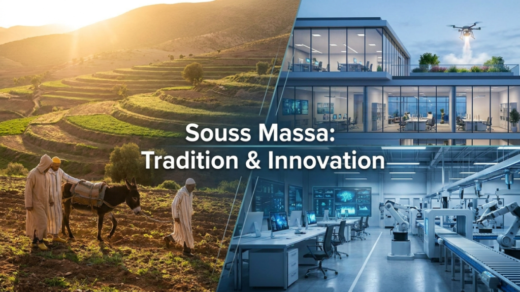 Image divisée en deux moitiés contrastées : à gauche, un paysage rural avec des champs en terrasses baignés de soleil, deux personnes en habits traditionnels marchant avec un âne ; à droite, un environnement moderne avec un bâtiment de bureaux en verre, des machines robotiques, des postes informatiques et un drone survolant un jardin sur le toit. Texte central : 'Souss Massa: Tradition & Innovation'.